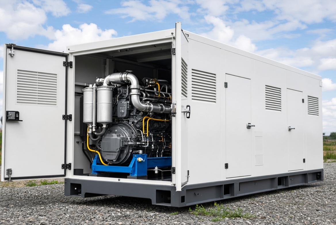 Open door revealing generator inside enclosure