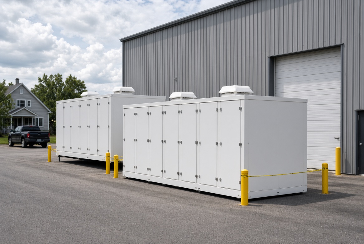 Row of completed generator enclosures ready to ship