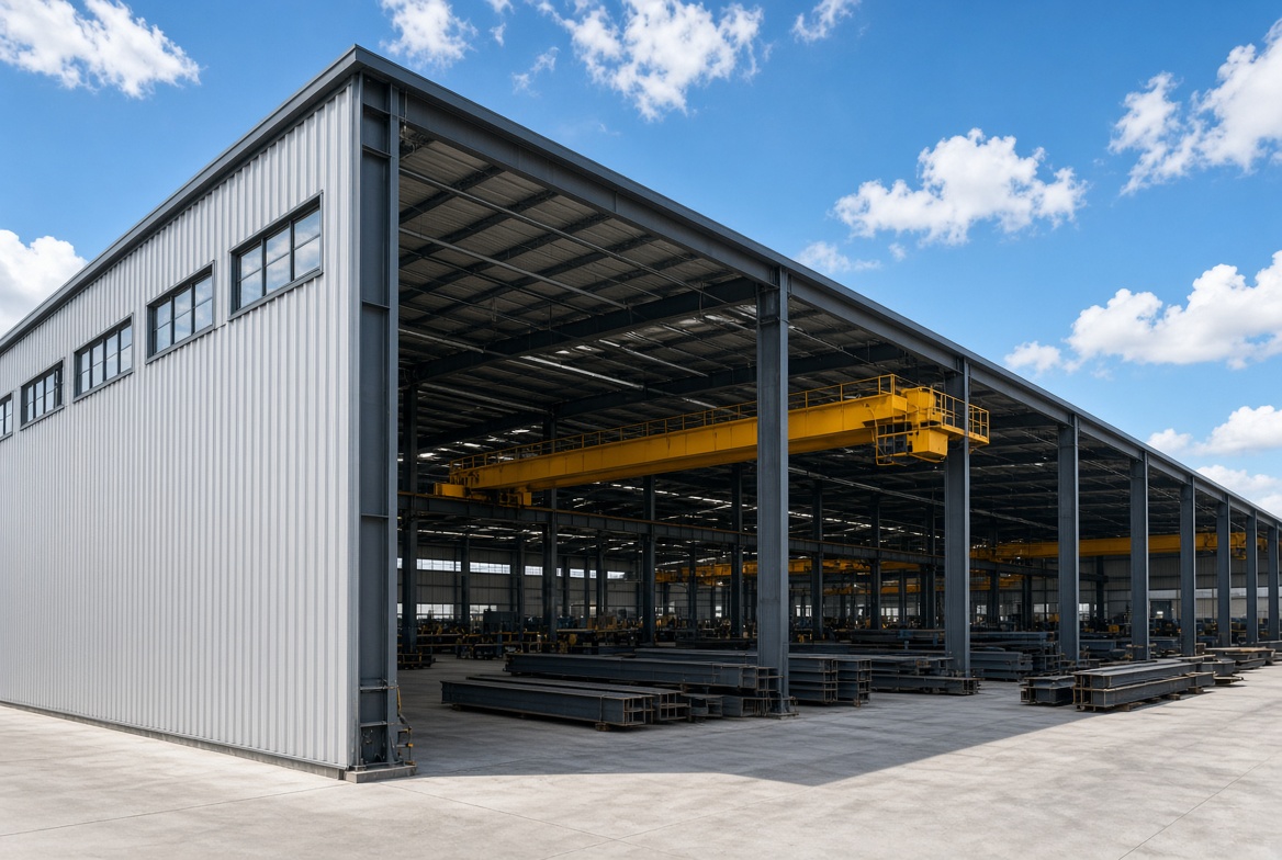 Steel fabrication shop with overhead crane